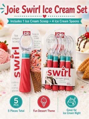 Joie Swirl Ice Cream Scoop and Spoon Set - pink with Teal Accents, Clear Heads